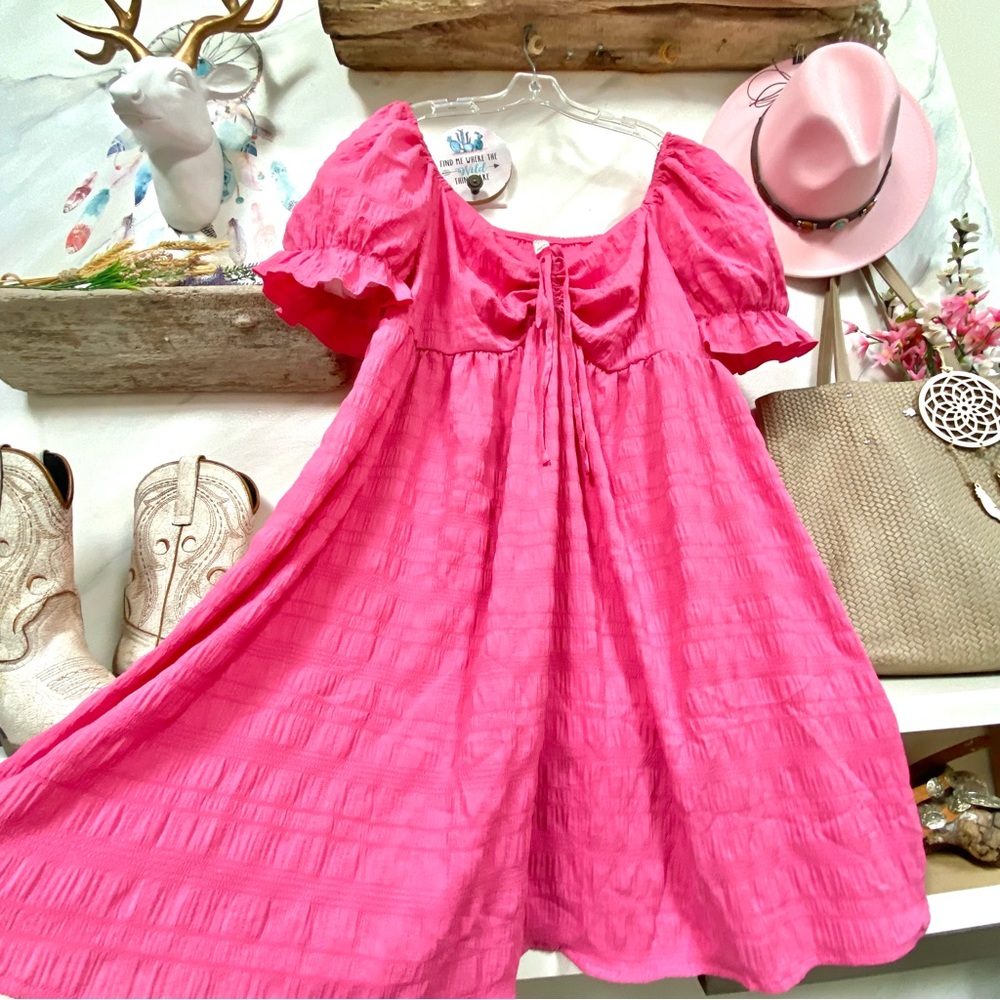 Barbiecore w Puff sleeves boho pink dress with doll shabby chic vibe - Picture 5 of 13